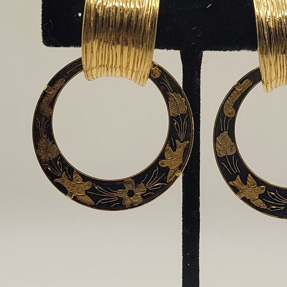 Vintage Givenchy Spanish Damascene Bird Flower Dangle Clip on earrings - Picture 8 of 16